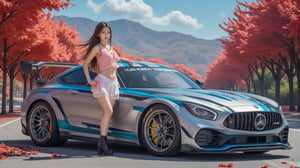 Mercedes-AMG GT3 (C190), bright silver with blue slash body, bright silver ray forged aluminum alloy wheels, high-strength lightweight wheels, fixed-wind rear wing, sunny day, female driver with long flowing hair and figure Jiaohao, with a body ratio of 1:9, was wearing a pink lace vest, a white lace miniskirt and black lace-up boots. She parked the car beside the country road, leaned against the car and smiled at the camera. , Maple Leaf has dense red maple trees on both sides of the road, like a red maple tunnel. Background: blue sky, beautiful mountain scenery, 32K, --chaos <30>, (flat angle), (close-up), (realistic), (amount of light), (high quality), (volume light)