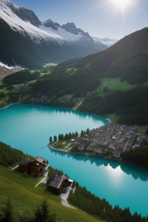 A hyper-realistic lakeside village nestled in Alpine terrain, featuring meticulously detailed Swiss chalets with intricate woodwork. Sunlight dances on the turquoise lake's surface, creating a mesmerizing interplay of light and shadow. Lush coniferous forests carpet the surrounding slopes, their deep greens contrasting