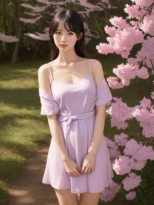 Japanese girl in lilac invisible dress, standing in a Japanese cherry blossom forest at golden hour, soft uplight on face.4k  --ar 9:16   --chaos <30>  --uplight  --q <.25, .5,  2, >、（Eye level angle）、（medium shot）、（photoreal）、（volumetric light）、(Hyperrealistic)