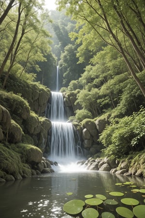 A zen garden with a tranquil pond, volumetric lighting through mist, with an orchid-filled waterfall in the background --ar 9:16   --chaos <20>  --uplight  --q <.25, .5,  2, >、（Eye level angle）、（medium shot）、（photoreal）、（volumetric light）