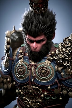 wukong, This image is a highly detailed digital illustration featuring a fierce, mythical character with an anthropomorphic appearance. The character is depicted as a humanoid figure with a large, muscular build and a prominent, bushy mane of dark hair. He has a stern, serious expression with sharp, piercing eyes and a slightly raised brow, suggesting a sense of determination or readiness.The character is dressed in ornate, elaborate armor that is richly detailed with intricate patterns and motifs. The armor is predominantly dark, likely black or dark blue, with gold and silver accents that catch the light, giving it a shimmering effect. The armor is adorned with various decorative elements, including ornate shoulder pads, intricate designs on the chest plate, and long, flowing red ribbons that add a touch of color and contrast. The armor is heavily embellished with traditional Asian motifs, such as dragons and floral patterns, indicating a possible East Asian influence in the design. look at viewer 