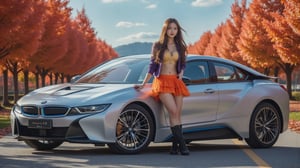 BMW i8 Coupe, bright silver with blue slash body, bright silver ray forged aluminum alloy wheels, high-strength lightweight wheels, wind-fixing rear wing, sunny day, female driver with long flowing hair, good figure, body proportion 1: 9. Wearing a goose-yellow lace vest with a purple tulle jacket, an orange lace miniskirt and black lace-up boots, she parked her car on a country road, leaned against the car and smiled at the camera. , Maple Leaf has dense red maple trees on both sides of the road, like a red maple tunnel. Background: blue sky, beautiful mountain scenery, 32K, --chaos <30>, (flat angle), (close-up), (realistic), (amount of light), (high quality), (volume light)