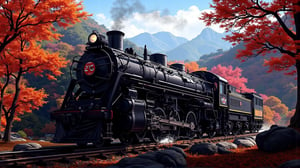 Alishan Forest Railway Steam Locomotive SL-21, with an all-black body, a red circular sticker on the top of the locomotive, with the word 21 printed on it, the locomotive is driving over the ravine, in autumn, there are tall maple trees next to it, red maples, background: blue sky, Maple leaves falling, mountains. 32K,object::5, --chaos <30> --uplight, (perspective), (close-up), (photo real scene), (volume light)