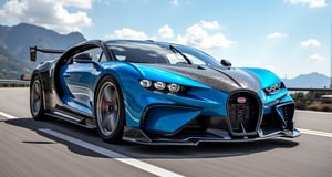 A Bugatti Bolide racing car, black with blue carbon fiber monocoque body, bright silver tire aluminum frame, high-strength lightweight wheels, amazing wind-fixing rear wing, the weather is clear during the day, driving on a winding mountain road, background: Blue sky, beautiful mountain scenery,32K,--chaos <30>  --uplight  --q <.25, .5,  2, >、（Low Angle）、（close-up）、（photoreal）、（volumetric light）、(hyper quality)