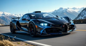 A Bugatti Bolide racing car, black with blue carbon fiber monocoque body, bright silver tire aluminum frame, high-strength lightweight wheels, amazing wind-fixing rear wing, the weather is clear during the day, driving on a winding mountain road, background: Blue sky, beautiful mountain scenery,32K,--chaos <30>  --uplight  --q <.25, .5,  2, >、（Low Angle）、（close-up）、（photoreal）、（volumetric light）、(hyper quality)