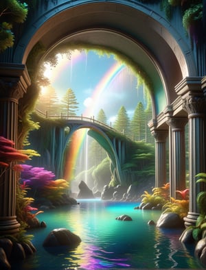 A photoreal lagoon in a mystical, glowing forest with a surreal rainbow bridge over it, illuminated by the light above A photoreal ocean with a surreal archway of rainbows leading to a glowing, volumetric alternate universe --ar 9:16   --chaos <30>  --uplight  --q <.25, .5,  2, >、（Eye level angle）、（medium shot）、（photoreal）、（volumetric light）