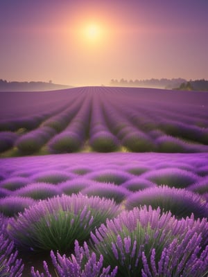 A lavender field at dusk, with a dreamlike quality, punctuated by tall, human-like flower stems that glow from within --ar 9:16   --chaos <30>  --uplight  --q <.25, .5,  2, >、（Eye level angle）、（medium shot）、（photoreal）、（volumetric light）