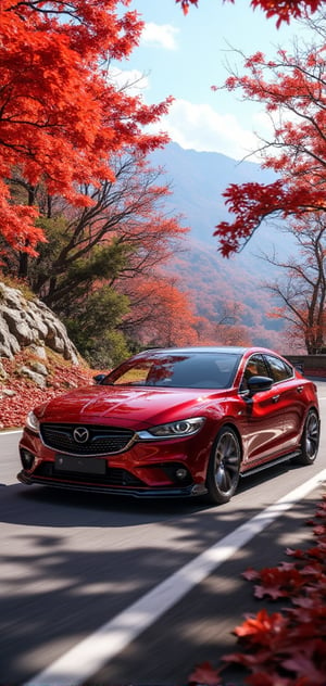 Mazda 6 Redesign, burgundy body, body painting, bright silver ray forged aluminum wheels, high-strength lightweight wheels, aerodynamic kit, driving on a mountain road on a sunny day, with dense maple leaves on the trees on both sides of the mountain road. Red maple leaves, background: clear sky, beautiful mountain scenery, 32K, --chaos<30>, (Eye level angle), (close-up), (realistic), (high quality), (volume light) )