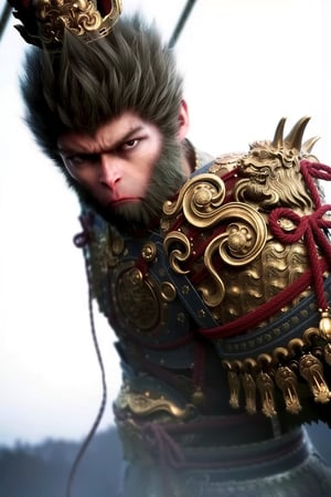 wukong, This image is a highly detailed digital illustration featuring a fierce, mythical character with an anthropomorphic appearance. The character is depicted as a humanoid figure with a large, muscular build and a prominent, bushy mane of dark hair. He has a stern, serious expression with sharp, piercing eyes and a slightly raised brow, suggesting a sense of determination or readiness.The character is dressed in ornate, elaborate armor that is richly detailed with intricate patterns and motifs. The armor is predominantly dark, likely black or dark blue, with gold and silver accents that catch the light, giving it a shimmering effect. The armor is adorned with various decorative elements, including ornate shoulder pads, intricate designs on the chest plate, and long, flowing red ribbons that add a touch of color and contrast. The armor is heavily embellished with traditional Asian motifs, such as dragons and floral patterns, indicating a possible East Asian influence in the design. look at viewer 