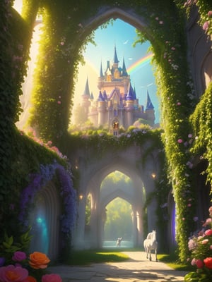 An enchanted castle with a rainbow-hued, iridescent garden, unicorns wandering near the castle and flowers, and vines of vibrant colors overgrowing the walls. --ar 9:16   --chaos <30>  --uplight  --q <.25, .5,  2, >、（Eye level angle）、（medium shot）、（photoreal）、（volumetric light）