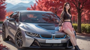 BMW i8 Coupe, bright silver with blue slash body, bright silver ray forged aluminum alloy wheels, high-strength lightweight wheels, wind-fixing rear wing, sunny day, female driver with long flowing hair, good figure, body proportion 1: 9. Wearing a pink lace vest with a black tulle jacket, a pink lace miniskirt and black lace-up boots, she parked her car on the side of a country road, leaned against the car and smiled at the camera. , Maple Leaf has dense red maple trees on both sides of the road, like a red maple tunnel. Background: blue sky, beautiful mountain scenery, 32K, --chaos <30>, (flat angle), (close-up), (realistic), (amount of light), (high quality), (volume light)