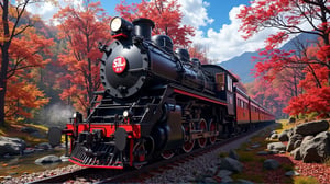 Alishan Forest Railway Steam Locomotive SL-21, with an all-black body, a red circular sticker on the top of the locomotive, with the word 21 printed on it, the locomotive is driving over the ravine, in autumn, there are tall maple trees next to it, red maples, background: blue sky, maple leaves falling, mountains. 32K,object::5, --chaos <30> --uplight, (perspective), (medium shot), (photo real scene), (volume light)