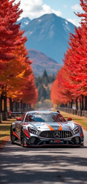 AMG GT3 EDITION 55 special car, bright silver with Carmine diagonal line body, bright silver ray forged aluminum alloy wheels, high-strength lightweight wheels, fixed-wind rear wing, driving on a country road on a sunny day, maple leaves on the trees on both sides Dense and red maples, like a maple-red tunnel, background: blue sky, beautiful mountain scenery, 32K, -- Chaos <30>, (eye level angle), (close-up), (realistic), (amount of light), (high Image quality), (Volume light)