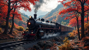 Alishan Forest Railway Steam Locomotive SL-21, with an all-black body, a red circular sticker on the top of the locomotive, with the word 21 printed on it, the locomotive is driving over the ravine, in autumn, there are tall maple trees next to it, red maples, background: blue sky, maple leaves falling, mountains. 32K, --chaos <30> --uplight, (perspective), (long shoot), (photo real scene), (soft lights),（cinematic shot）