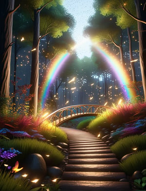 A photoreal mystic forest, featuring surreal rainbow bridge descent with volumetric light casting light rays across the vibrant, firefly-lit terrain.A photoreal mystical forest with ethereal trees and fireflies dotting the scenery, just beyond the descending end of a surreal rainbow bridge --ar 9:16   --chaos <30>  --uplight  --q <.25, .5,  2, >、（Eye level angle）、（medium shot）、（photoreal）、（volumetric light）