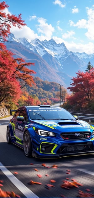 Subaru wrx sti nbr challenge racing car, royal blue body, beautifully painted fluorescent yellow lines, bright silver ray forged aluminum wheels, high-strength lightweight wheels, stunning towering wind-fixing rear wing, driving on a mountain road on a sunny day , there are dense maple leaves and red maples on the trees on both sides of the mountain road, background: blue sky, beautiful mountain scenery, 4K, -- Chaos <30>, (high angle), (close-up), (realism), (volume light) , (high quality)