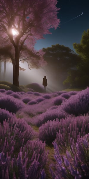 A dreamlike scene unfolds as the moon casts an ethereal glow upon a sea of lavender flowers, their soft purple hue radiating like a surreal mist. In the distance, a lone figure appears, their features obscured by the shadows, yet their presence is palpable. The frame captures a medium shot from eye-level angle, with the visitor's silhouette stretching towards the top of the 4K resolution. Volumetric light dancing across the flowers creates an otherworldly ambiance, as if the very essence of the garden has been distilled into this hyper-realistic moment. 4k  --ar 9:16   --chaos <30>  --uplight  --q <.25, .5,  2, >、（Eye level angle）、（medium shot）、（photoreal）、（volumetric light）、(Hyperrealistic)