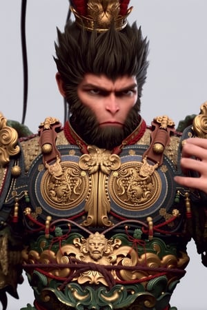 wukong, This image is a highly detailed digital illustration featuring a fierce, mythical character with an anthropomorphic appearance. The character is depicted as a humanoid figure with a large, muscular build and a prominent, bushy mane of dark hair. He has a stern, serious expression with sharp, piercing eyes and a slightly raised brow, suggesting a sense of determination or readiness.The character is dressed in ornate, elaborate armor that is richly detailed with intricate patterns and motifs. The armor is predominantly dark, likely black or dark blue, with gold and silver accents that catch the light, giving it a shimmering effect. The armor is adorned with various decorative elements, including ornate shoulder pads, intricate designs on the chest plate, and long, flowing red ribbons that add a touch of color and contrast. The armor is heavily embellished with traditional Asian motifs, such as dragons and floral patterns, indicating a possible East Asian influence in the design. look at viewer 