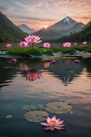 A solitary mountain peak surrounded by still, reflective waters, with lotus flowers in the foreground and vibrant sunset colors  --ar 9:16   --chaos <30>  --uplight、（Eye level angle）、（medium shot）、（photoreal）