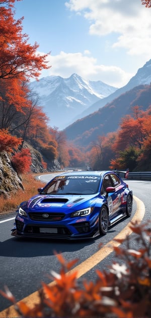 subaru wrx sti nbr challenge race car, royal blue body, 2024 pattern painted on the hood, 66 pattern painted on the body, bright silver ray forged aluminum wheels, high-strength lightweight wheels, stunning high-rise fixed-wind rear wing, in Driving on a mountain road on a sunny day, with dense maple leaves and red maples on the trees on both sides of the mountain road, background: blue sky, beautiful mountain scenery, 4K, - -chaos <30>, (high angle), (close-up) , (realism), (volumetric light), (high quality)