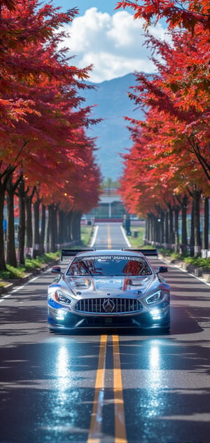 Mercedes-AMG GT3 (C190), bright silver with blue diagonal line body, bright silver ray forged aluminum alloy wheels, high-strength lightweight wheels, fixed-wind rear wing, driving on a country road on a sunny day, maple leaves There are dense red maple trees on both sides of the road, like a red maple tunnel. Background: blue sky, beautiful mountain scenery, 32K, -- Chaos <30>, (flat angle), (close-up), (realistic), (amount of light), (high Image quality), (Volume light)