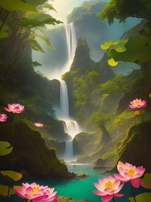 A tropical waterfall cascading down a mountainous terrain with exotic colored lotus flowers in the foreground --ar 9:16   --chaos <25>  --uplight、（Eye level angle）、（medium shot）、（photoreal）