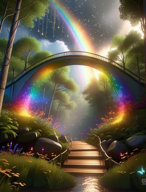 A photorealistic, mystical forest with a surreal rainbow bridge, a glowing emanation at the forest's end, and scattered rays of sunlight, set to an upward looking angle, emphasizing the volumetric uplighting and surreal bridge A photoreal, mystical forest with a surreal rainbow bridge and volumetric uplighting showcasing swirling clouds and whimsical fireflies --ar 9:16   --chaos <30>  --uplight  --q <.25, .5,  2, >、（Eye level angle）、（medium shot）、（photoreal）、（volumetric light）