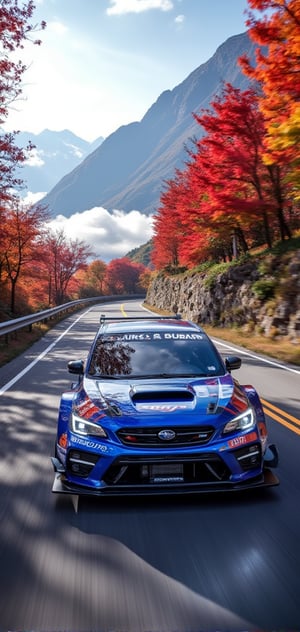 subaru wrx sti nbr challenge race car, royal blue body, 2024 pattern painted on the hood, 66 pattern painted on the body, bright silver ray forged aluminum wheels, high-strength lightweight wheels, stunning high-rise fixed-wind rear wing, in Driving on a mountain road on a sunny day, with dense maple leaves and red maples on the trees on both sides of the mountain road, background: blue sky, beautiful mountain scenery, 4K, - -chaos <30>, (high angle), (medium shot) , (realism), (volumetric light), (high quality)