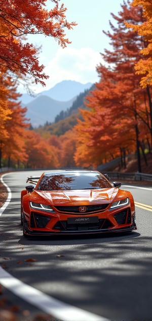 Honda NSX, hot orange glossy carbon fiber body, body painting, bright silver ray forged aluminum wheels, high-strength lightweight wheels, aerodynamic kit, driving on a mountain road on a sunny day, with dense maple leaves on the trees on both sides of the mountain road , red maple leaves, background: clear sky, beautiful mountain scenery, 32K, --chaos<30>, (Eye level angle), (close-up), (realistic), (high quality),（volumetric light）