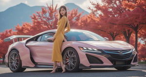 Honda NSX Hybrid, pearl pink body, bright silver ray forged aluminum alloy wheels, high-strength lightweight wheels, aerodynamic kit, fixed-wind rear wing, sunny day, female driver with long flowing hair, good figure, wearing goose yellow thin clothes Wearing a gauze dress, parked the car on the side of a country road, leaned on the body of the car, and smiled at the camera. There were dense maple leaves on the trees, and the red edges were bright, like the Champs Elysées. Background: blue sky, beautiful mountain scenery, 32K , -Chaos<30>, (eye level angle), (close-up), (realistic), (amount of light), (high quality), (volume light)