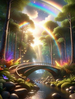 A photorealistic, mystical forest with a surreal rainbow bridge, a glowing emanation at the forest's end, and scattered rays of sunlight, set to an upward looking angle, emphasizing the volumetric uplighting and surreal bridge A photoreal mystical forest with a surreal rainbow bridge with swirling clouds, volumetric light, and fireflies that appear like a dream --ar 9:16   --chaos <30>  --uplight  --q <.25, .5,  2, >、（Eye level angle）、（medium shot）、（photoreal）、（volumetric light）