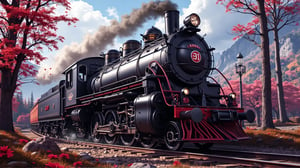 Alishan Forest Railway Steam Locomotive SL-21, with an all-black body, a red circular sticker on the top of the locomotive, with the word 21 printed on it, the locomotive is driving over the ravine, in autumn, there are tall maple trees next to it, red maples, background: blue sky, Maple leaves falling, mountains. 32K --chaos <30> --uplight, (perspective), (close-up), (photo real scene), (volume light)