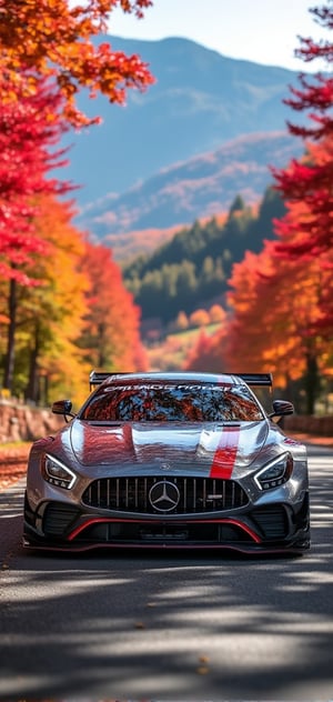 AMG GT3 EDITION 55 special car, bright silver with Carmine diagonal line body, bright silver ray forged aluminum alloy wheels, high-strength lightweight wheels, fixed-wind rear wing, driving on a country road on a sunny day, maple leaves on the trees on both sides Dense and red maples, like a maple-red tunnel, background: blue sky, beautiful mountain scenery, 32K, -- Chaos <30>, (eye level angle), (close-up), (realistic), (amount of light), (high Image quality), (Volume light)