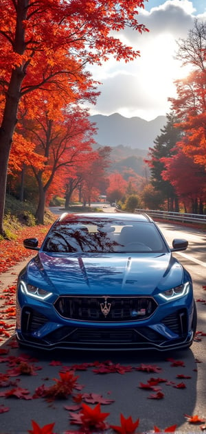 Maserati MC20 Cielo, powder blue body, bright silver ray forged aluminum alloy wheels, high-strength lightweight wheels, aerodynamic kit, driving on a country road on a sunny day, with dense and red maple leaves on the trees on both sides, like a maple red tunnel ,Background: blue sky, beautiful mountain scenery, 32K, -- Chaos <30>, (eye level angle), (close-up), (realistic), (amount of light), (high quality), (volume light)