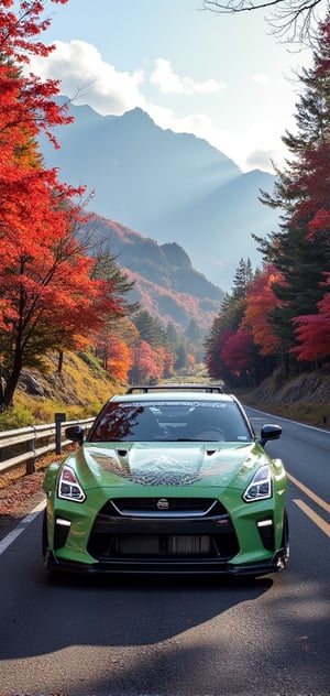 NissanGT-R R35 sports car, Millennium Jade light green body, eagle pattern painted on the hood, bright silver ray forged aluminum wheels, high-strength lightweight wheels, stunning wind-fixing rear wing, driving on a sunny day Dimensions: mountain road in the sea, with dense maple leaves on the trees on both sides of the mountain road, background: blue sky, beautiful mountain scenery, 8K, - -chaos < 30> --uplight --q <.25, . 5, 2, > , (high angle), (close-up), (realism), (volume light), (high quality)