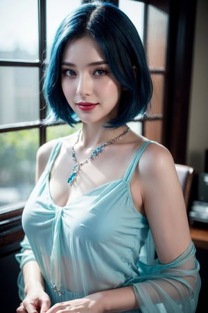 (Best quality, 8k, 32k, Masterpiece, Photorealistic, high contrast, UHD:1.2), 1girl, solo, medium blue hair, perfect makeup, lipstick, perfect figure, translucent pale skin, necklace, slightly translucent white blouse, jewelry, charming face, smile, eyes at camera, highly details, cinematic, realistic fabric rendering,