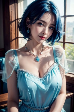 (Best quality, 8k, 32k, Masterpiece, Photorealistic, high contrast, UHD:1.2), 1girl, solo, medium blue hair, perfect makeup, lipstick, perfect figure, translucent pale skin, necklace, slightly translucent white blouse, jewelry, charming face, smile, eyes at camera, highly details, cinematic, realistic fabric rendering,