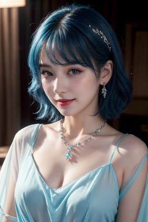 (Best quality, 8k, 32k, Masterpiece, Photorealistic, high contrast, UHD:1.2), 1girl, solo, medium blue hair, perfect makeup, lipstick, perfect figure, translucent pale skin, necklace, slightly translucent white blouse, jewelry, charming face, smile, eyes at camera, highly details, cinematic, realistic fabric rendering,