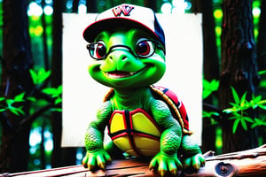 young male turtle, turtle face, scales on nose, green hair and eyes, smile, brown shell, short hair, full body, looking at vieweer, wearing black rimmed glasses, solid red baseball cap with letter W. standing on log. est quality, 8K, ultra-detailed, masterpiece), (cinematic, photorealistic), Craft an awe-inspiring 8K landscape masterpiece that showcases the breathtaking beauty of a swamp. The scene should be cinematic in scope, with every detail meticulously rendered for photorealism. Ensure that the swamp is ultra-detailed, capturing the intricacies of every element in the composition, from the terrain to the foliage. Let this artwork transport the viewer into a world of natural wonder, where they can immerse themselves in the splendor of the outdoors.