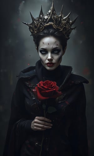 Angelina Jolie as Demon Queen: a haunting portrait of the actress donning a macabre Halloween costume. The cracked face paint job eerily captures her features, with pale skin and dark eye makeup accentuating her demonic persona. Shot in dark, muted tones, the subject is framed by a foggy background, evoking a sense of foreboding. Her pose is striking, with one hand grasping a twisted crown and the other clutching a crimson rose, as if summoning an ancient evil.,Demon Queen Cracked Face Macabre,j0l13,light makeup