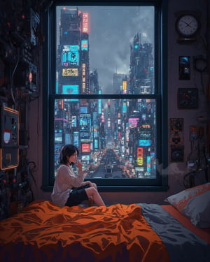 a cyberpunk-style futuristic cityscape as viewed from a small, cluttered apartment room. The room itself has a cozy, lived-in feel, with a bed covered in a vibrant orange blanket, while the walls are lined with various retro-tech gadgets, wires, and control panels. A large window dominates the scene, offering a view of a sprawling, neon-lit metropolis filled with towering skyscrapers cyberpunk Chinese temple architectures and brightly glowing signs in various languages,  typical of a densely packed urban environment.A girl in a loose shirt sitting on the edge of her bed looking out the window and smoking a cigarette, The atmosphere is misty, with rain or fog softening the glow of the city lights, creating a moody, dystopian feel. The clock on the wall suggests a retro-futuristic aesthetic, blending older, analog designs with the high-tech, neon future outside. The image gives off strong vibes of isolation amidst a bustling, high-tech world, reminiscent of cyberpunk storytelling.,anime,ligne_claire