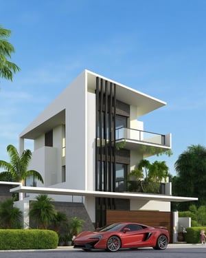 Image showcases a modern architectural style house with a unique, angular design. The structure features a prominent white facade with smooth, curved edges and vertical black slats on one side, creating a striking contrast. The building is two stories high, with the upper level partially cantilevered over the lower level. A lush green garden with palm trees and various plants adorns the balcony area, adding a touch of nature to the contemporary design. Below, a sleek red sport car is parked in front of the house, complementing the modern aesthetic. The sky is clear and blue, enhancing the overall vibrant and fresh appearance of the scene..,minimalistArchitecture.hanna