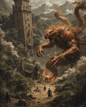 A sweeping aerial view of a rustic village, with towering buildings and quaint cottages. A giant, mutated scarecrow stands tall, its straw-stuffed body now twisted and grotesque, as it unleashes a flurry of razor-sharp claws and teeth. People flee in terror, screaming and running for cover amidst the chaos, while the scarecrow's massive arms swing wildly, crushing everything in its path.,bosstyle,Midjourney_Whisper