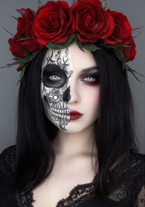 Digital artwork featuring a woman with striking facial features. Her skin is pale, and she has long, straight black hair. The left side of her face is painted to resemble a skull, with intricate black and white detailing, while the right side is natural with bold makeup, including dark red lipstick and smoky eye shadow. She wears a crown of vibrant red roses with green leaves, adding a dramatic contrast to her dark hair. Her attire is a black lace top, enhancing the gothic and mysterious theme of the image. The background is a muted gray, which further highlights the vivid colors and details of the subject's appearance..,angel_chan,Halloween makeup