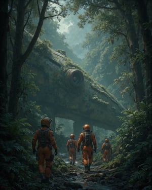 Image is a digital artwork depicting a dense, misty jungle scene with a crashed spaceship in the background. The spaceship is partially covered in moss and foliage, with a large circular engine visible. In the foreground, four individuals in orange and brown space suits are walking towards the spaceship. The suits have helmets with visors, obscuring their facial features. The jungle is lush with various green plants, ferns, and vines hanging from tall trees. The ground is wet, with a small stream running through the scene, reflecting the ambient light. The atmosphere is mysterious and adventurous, with a sense of exploration and discovery.,Midjourney art v2,Midjourney_Whisper