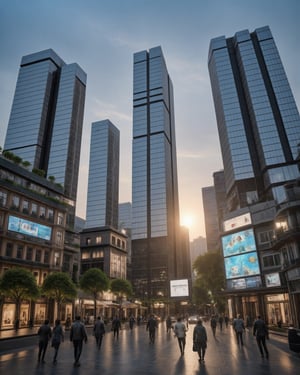 A gleaming metropolis at dusk, Jakarta's skyline transformed into a futuristic marvel. Towering structures of sleek glass and steel pierce the smoggy sky, their LED facades ablaze with vibrant hues. Neon-lit billboards and holographic advertisements dance across the cityscape as night descends upon the bustling streets. In the foreground, a group of humans in avant-garde attire stroll beneath the towering edifices, their footsteps echoing off the marble-paved sidewalks.