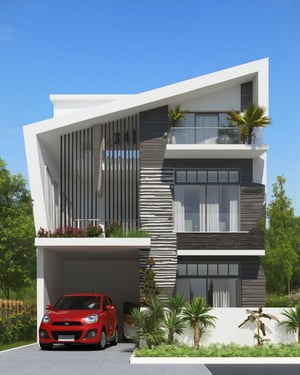 Image showcases a modern architectural style house with a unique, angular design. The structure features a prominent white facade with smooth, curved edges and vertical black slats on one side, creating a striking contrast. The building is two stories high, with the upper level partially cantilevered over the lower level. A lush green garden with palm trees and various plants adorns the balcony area, adding a touch of nature to the contemporary design. Below, a sleek red sport car is parked in front of the house, complementing the modern aesthetic. The sky is clear and blue, enhancing the overall vibrant and fresh appearance of the scene..,minimalistArchitecture.hanna