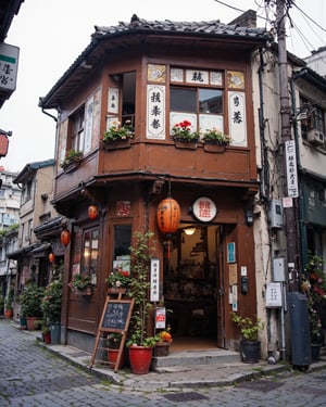 Captured from a high-angle perspective on a cloudy day, a two-story Asian building is adorned with Chinese lanterns. The building's exterior walls are adorned with Asian characters, adding a touch of charm to the scene. The windows, adorned with flowers, are framed with a white background, adding depth to the overall composition. The street is composed of cobblestone tiles, adding texture to the composition. Adjacent to the building, a black chalkboard sign stands out, providing a contrast to the brown building.