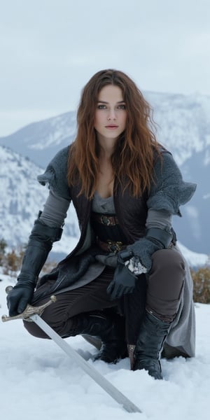 KeiraKnightley dressed in a medieval-style outfit, squatting in the snow, holding a sword in her right hand. The woman's hair is long and cascades over her shoulders, adding a touch of warmth to the scene. She is dressed in black leather gloves, a leather vest, and a brown belt with a zipper on the right side of her waist. The sword she is holding is held in her left hand, while her right arm rests on her hip. The backdrop, a mountain range covered in snow looms in the distance. The sky is a pale blue, with a few wispy clouds.,KeiraKnightley