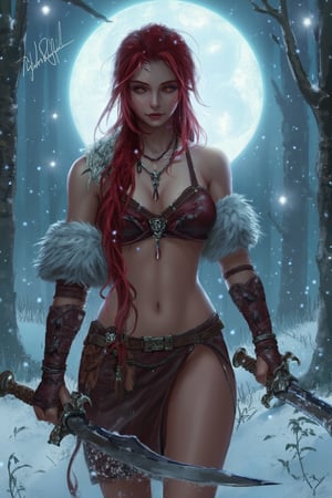 Image is a digital artwork featuring a fantasy warrior woman standing in a snowy forest. The style is highly detailed and realistic, with a focus on the muscular and athletic build of the subject. She has long, red braided hair and fair skin, with striking facial features including sharp eyes and a determined expression. Her attire consists of a fur-lined, rugged leather bikini top and a skirt, accessorized with a necklace and arm bands. Snowflakes are visible on her hair and clothing, adding to the wintry atmosphere. She holds a sword in each hand, and the background features snow-covered trees and a large, glowing full moon. The artist's signature, 'ArisRagil,' is visible in the top left corner in a cursive font.,digital_painting